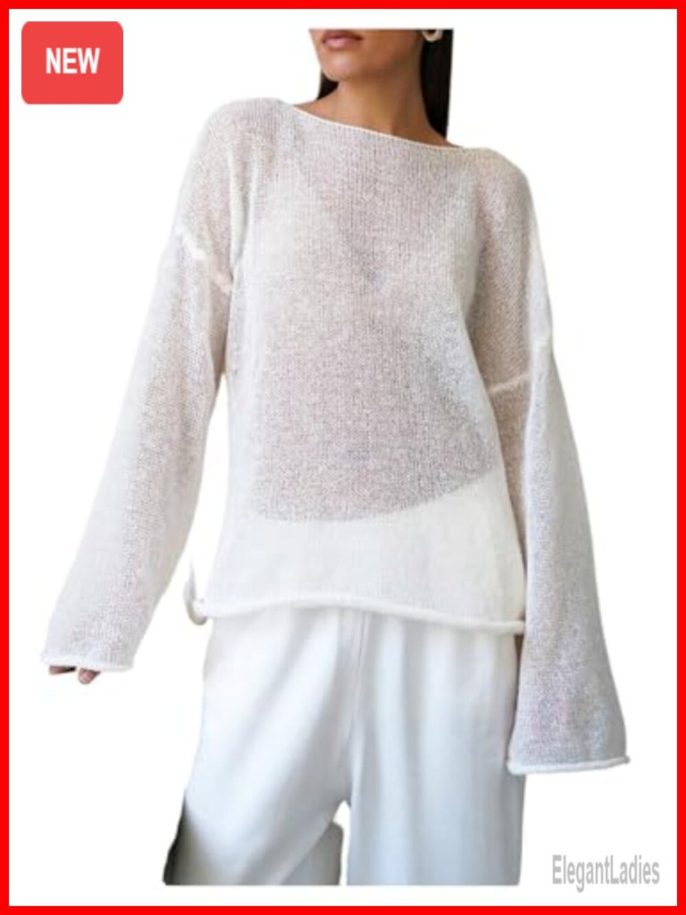 Sheer Mesh Long Sleeve Fuzzy Sweater See Through Boat Neck Loose Fit